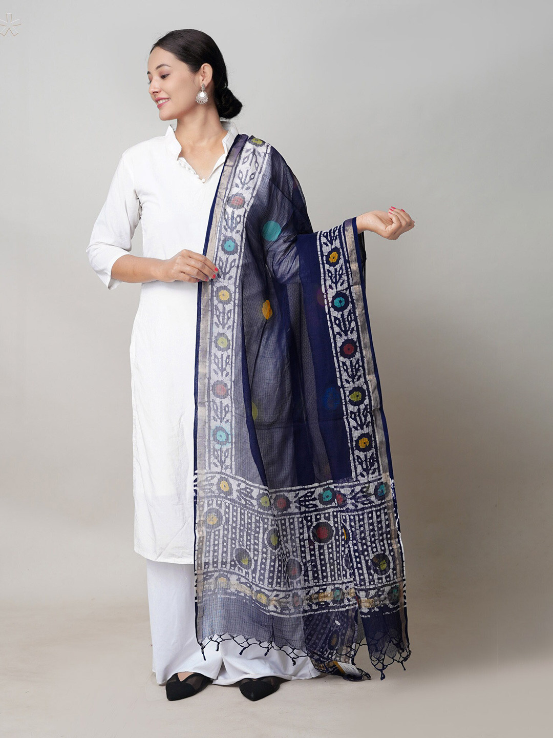 

Unnati Silks Ethnic Motifs Printed Pure Cotton Batik Dupatta, Blue