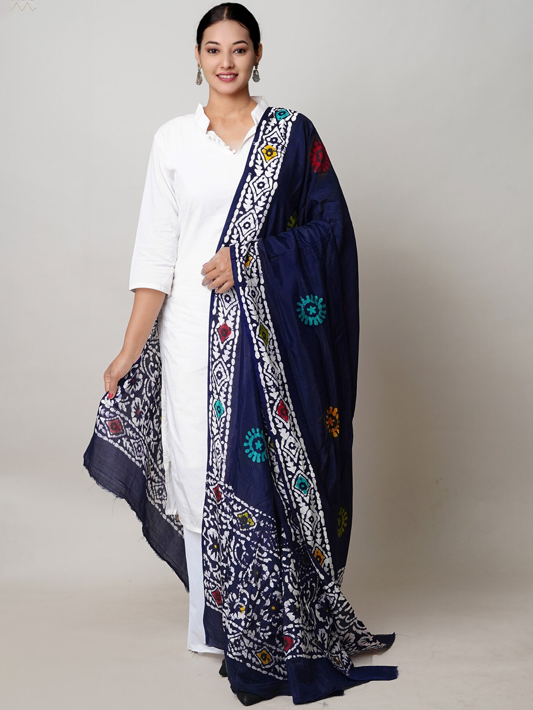 

Unnati Silks Ethnic Motifs Block Printed Zari Cotton Silk Dupatta, Blue