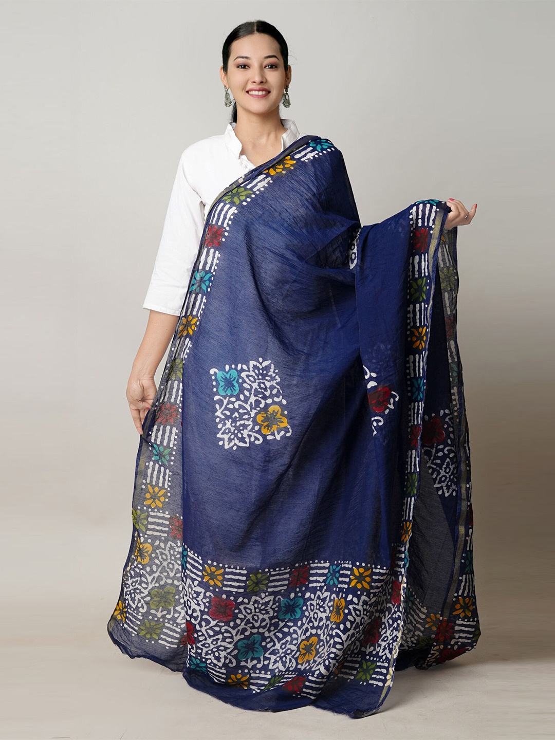 

Unnati Silks Ethnic Motifs Block Printed Zari Cotton Silk Dupatta, Blue