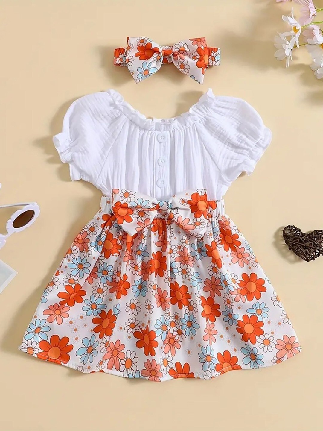 

BAESD Girls Floral Printed Puff Sleeves Bow Detailed Fit & Flare Dress, White