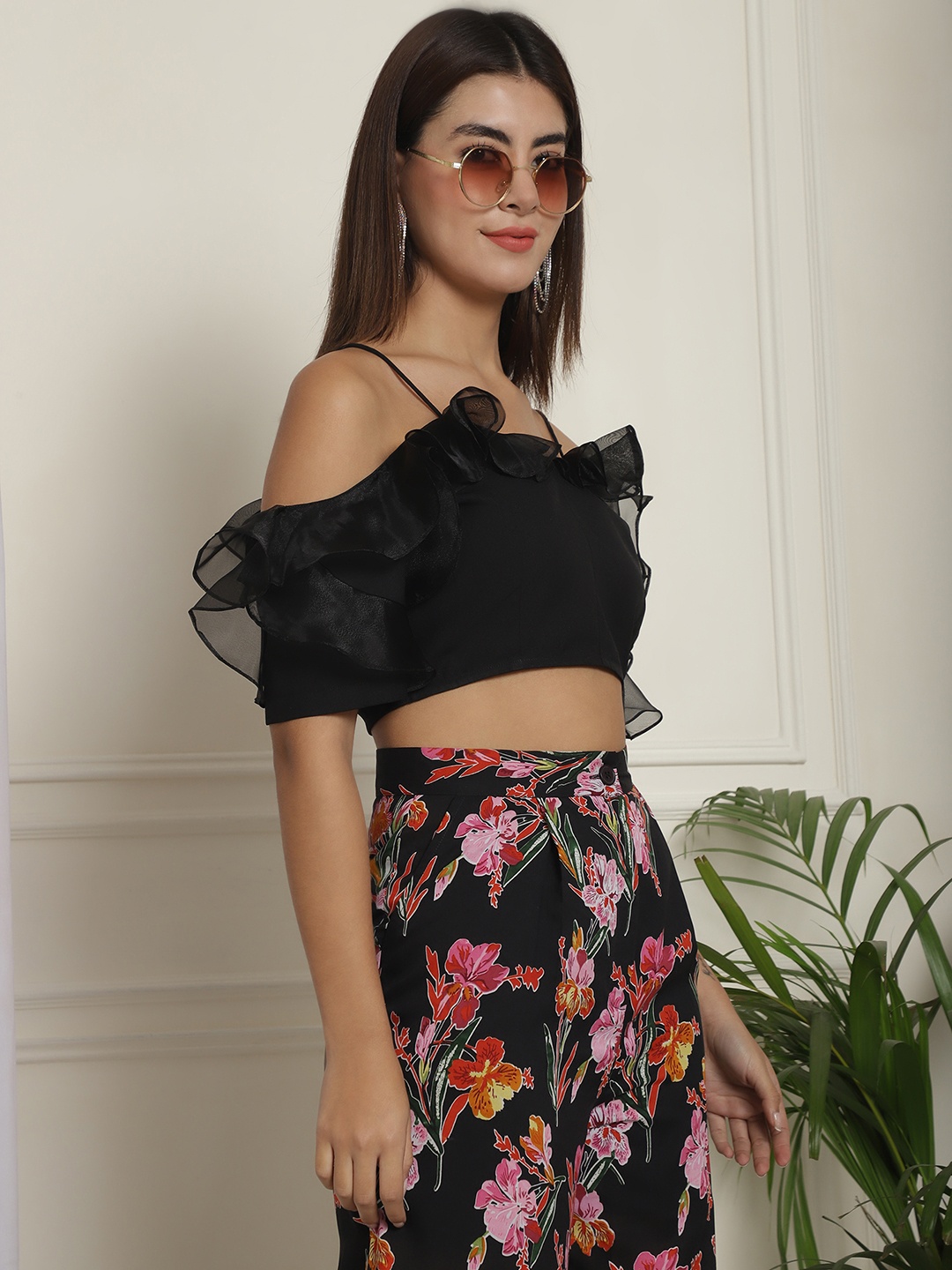 

BLANC9 Cropped Shoulder Straps Top With Palazzos Co-Ords, Black