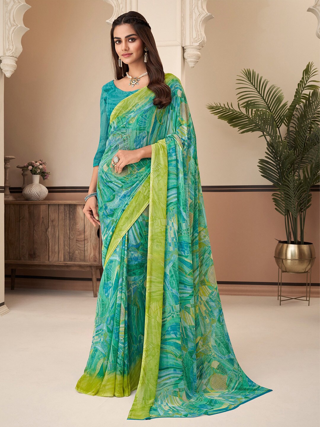

Anouk Blue & Yellow Printed Pure Georgette Dabu Saree