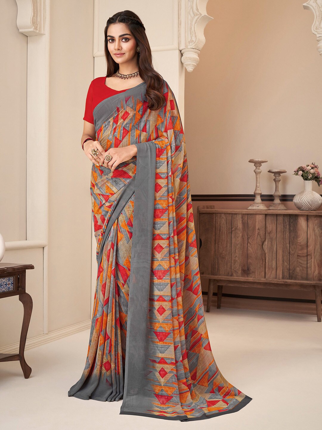 

Anouk Geometric Printed Pure Georgette Dabu Saree, Grey
