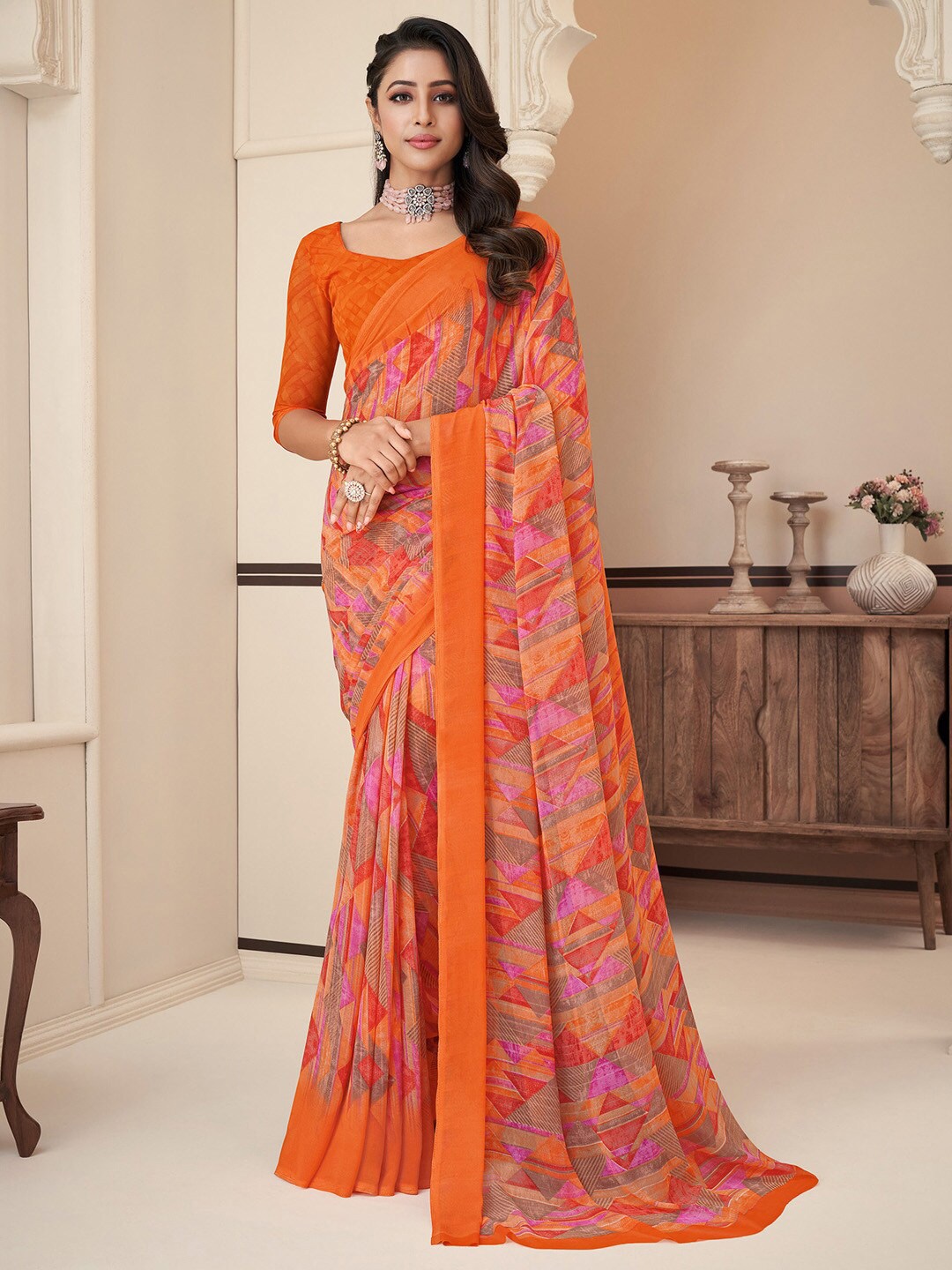 

Anouk Geometric Printed Pure Georgette Dabu Saree, Orange
