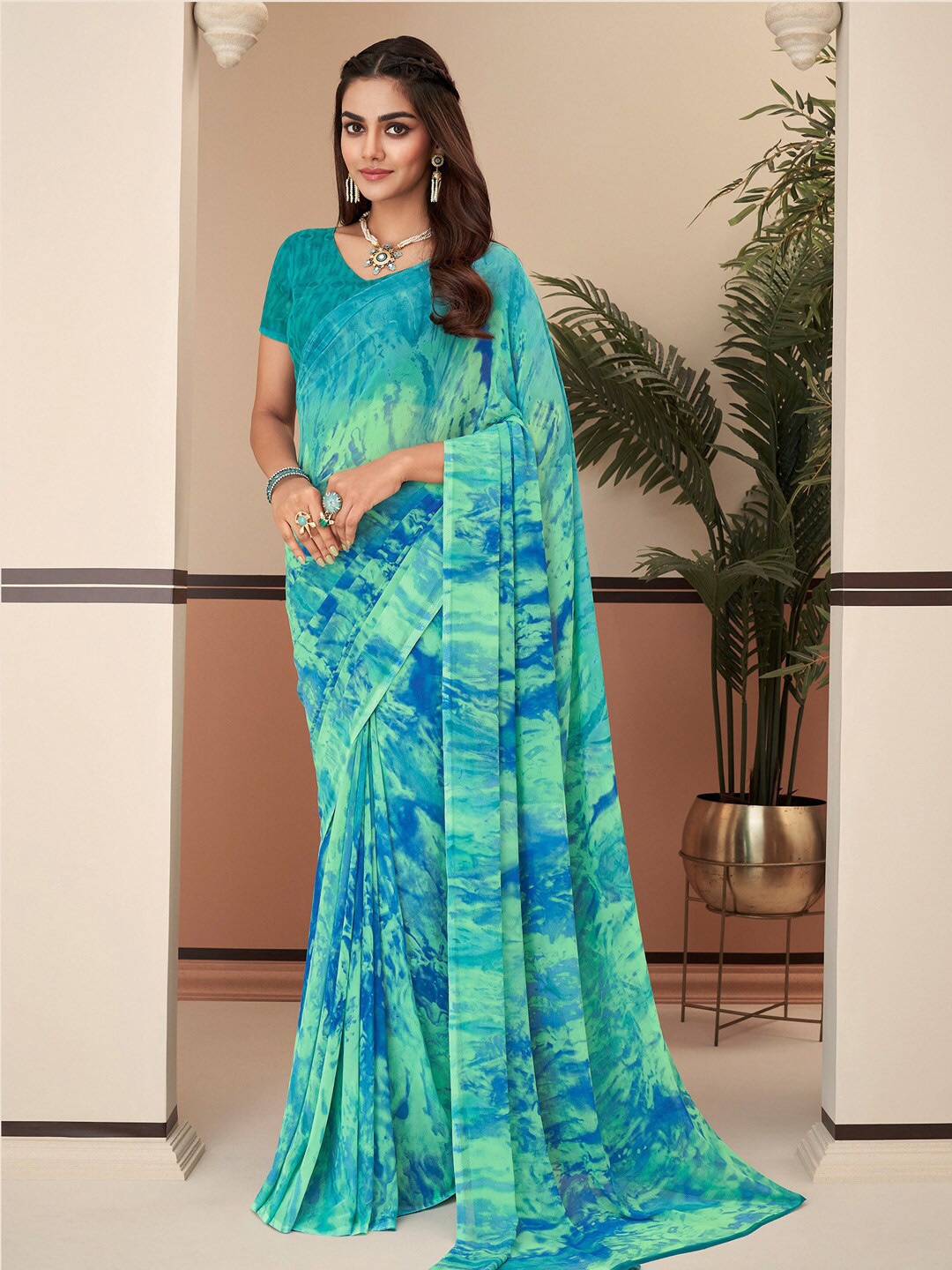 

Anouk Abstract Printed Pure Georgette Dabu Saree, Sea green