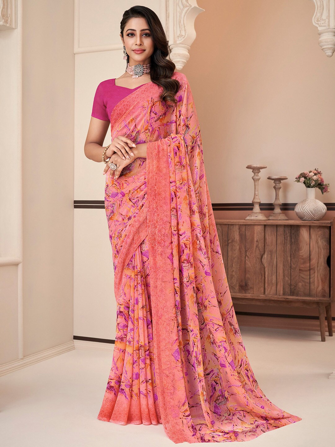 

Anouk Abstract Printed Pure Georgette Dabu Saree, Peach
