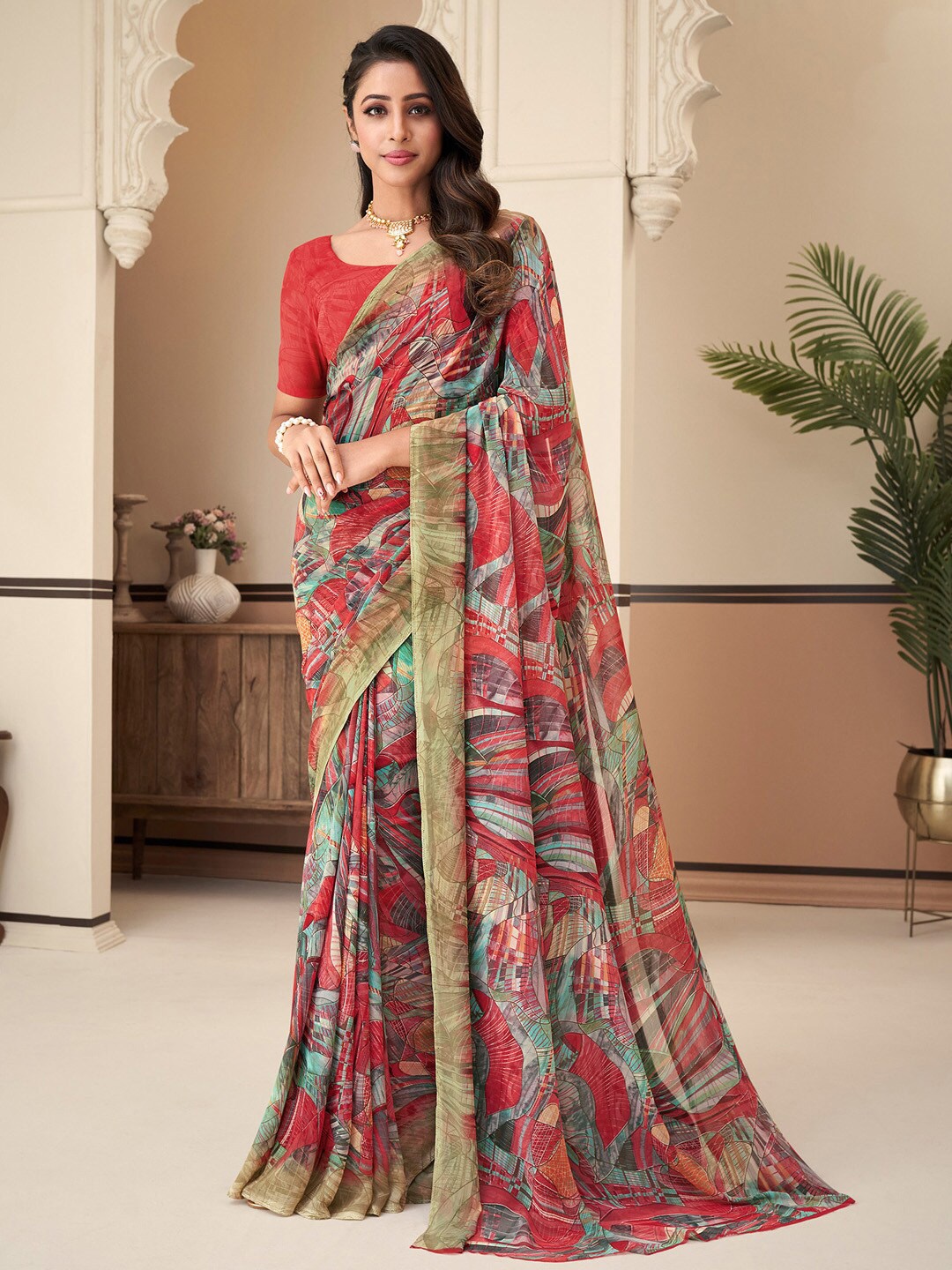

Anouk Abstract Printed Pure Georgette Dabu Saree, Red