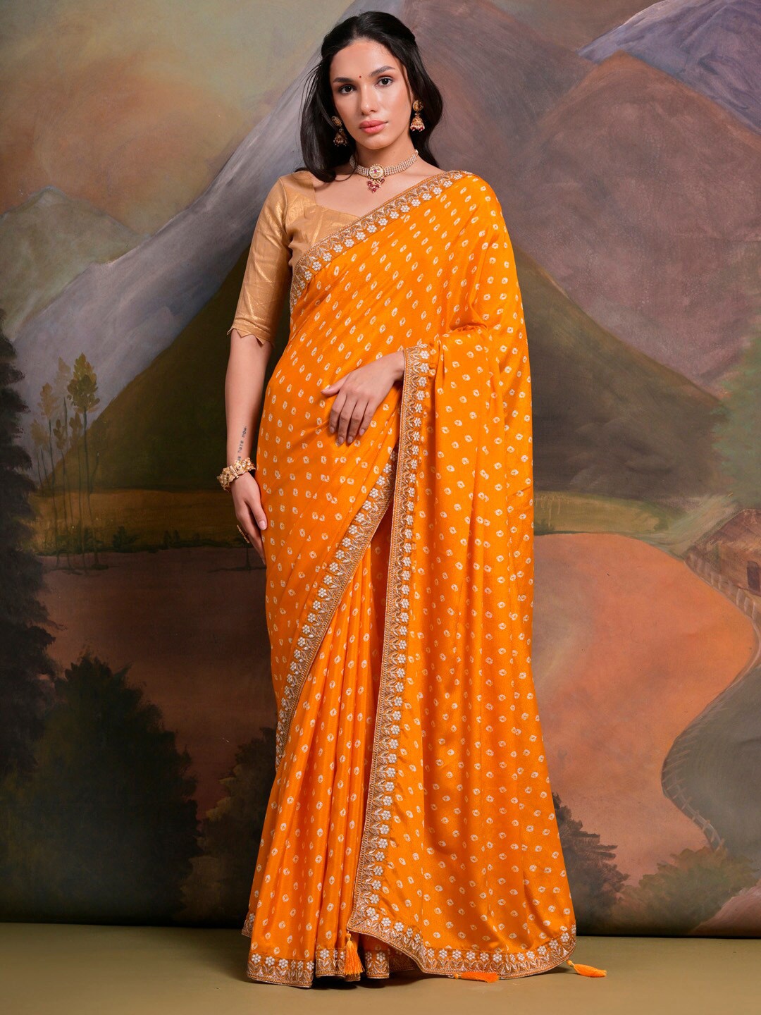 

Anouk Mustard Bandhani Embroidered Pure Chiffon Bandhani Saree