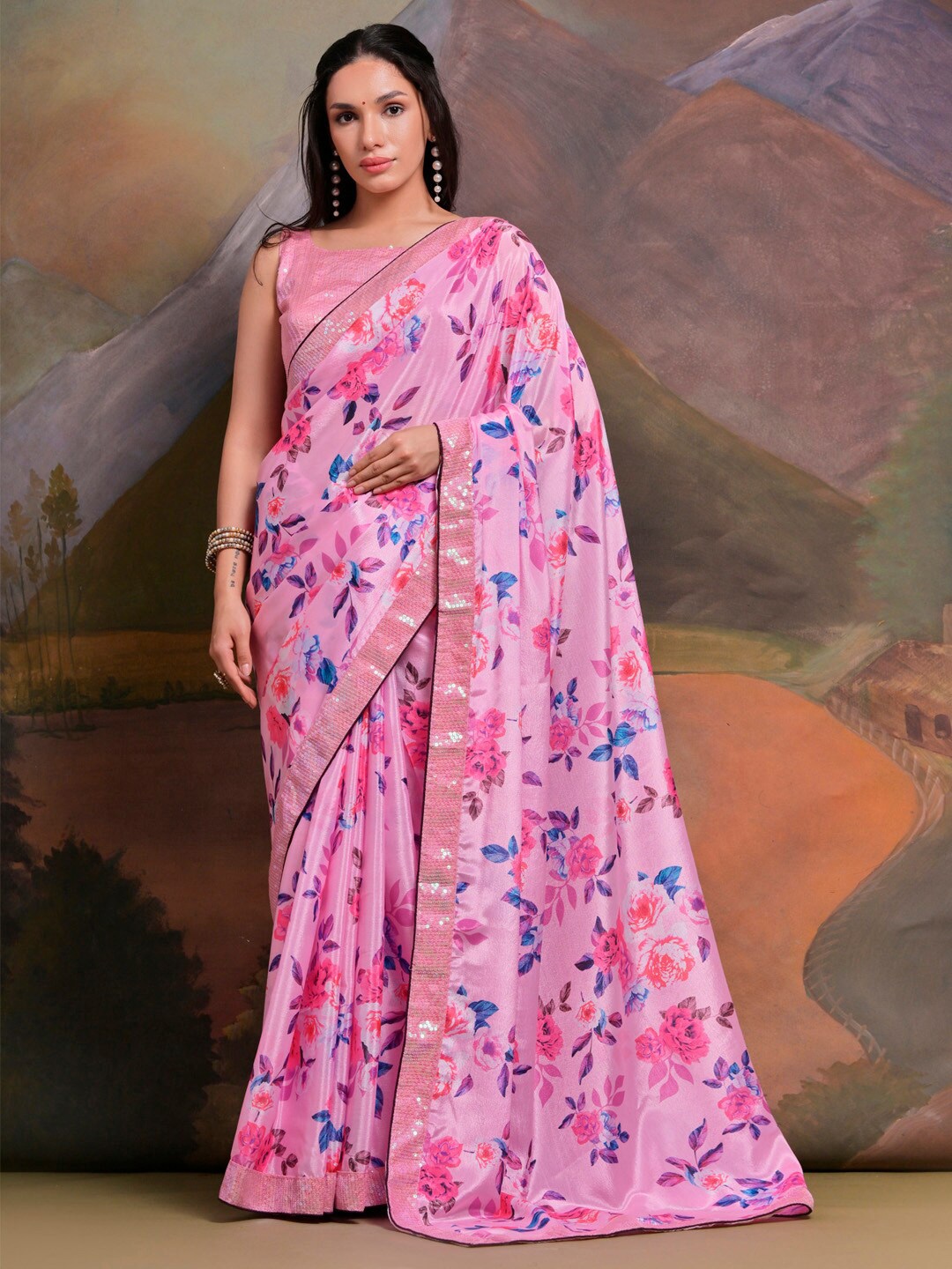 

Anouk Pink Floral Printed Sequinned Pure Chiffon Saree