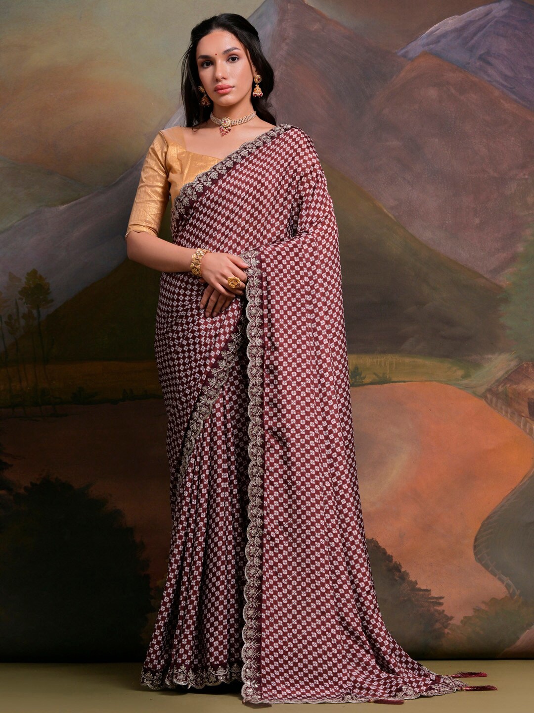 

Anouk Brown Ethnic Motifs Printed Embellished Pure Chiffon Saree