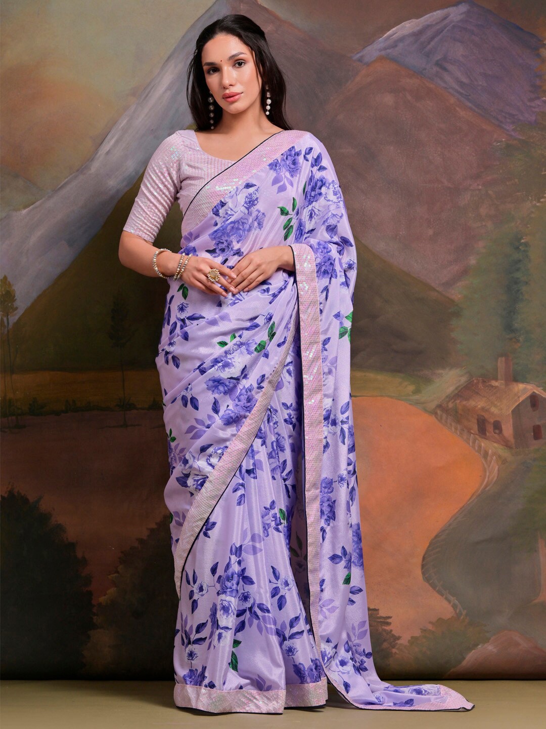 

Anouk Floral Sequinned Embellished Border Pure Chiffon Saree, Lavender