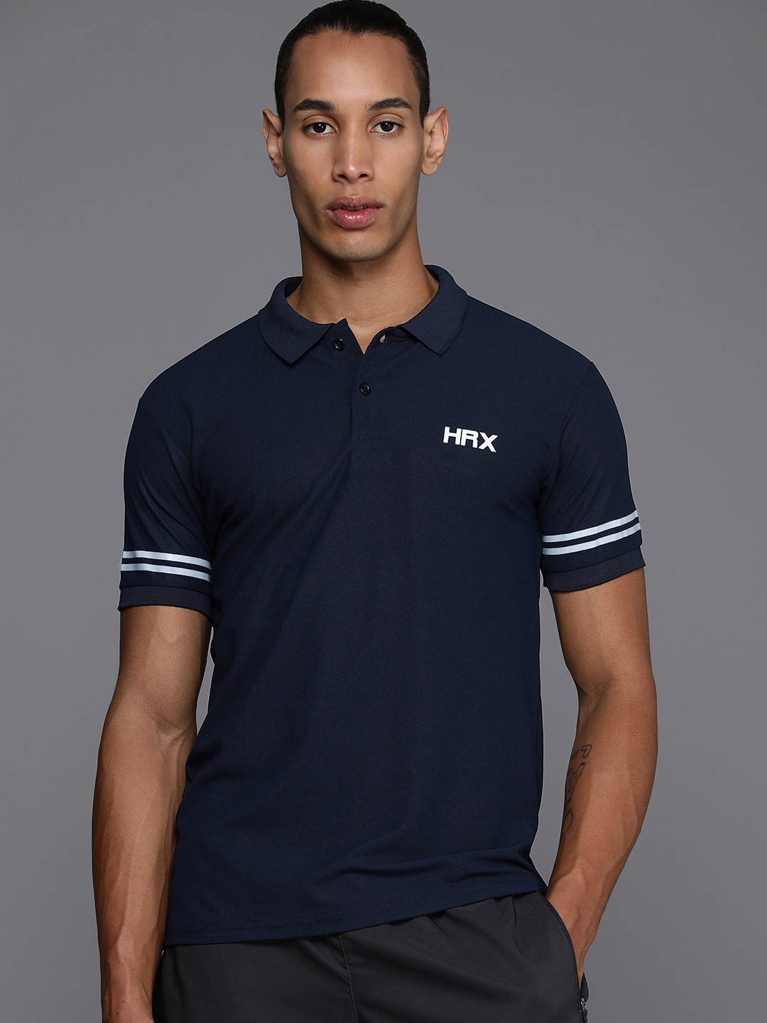 

HRX by Hrithik Roshan Men Striped Polo Collar T-shirt, Navy blue