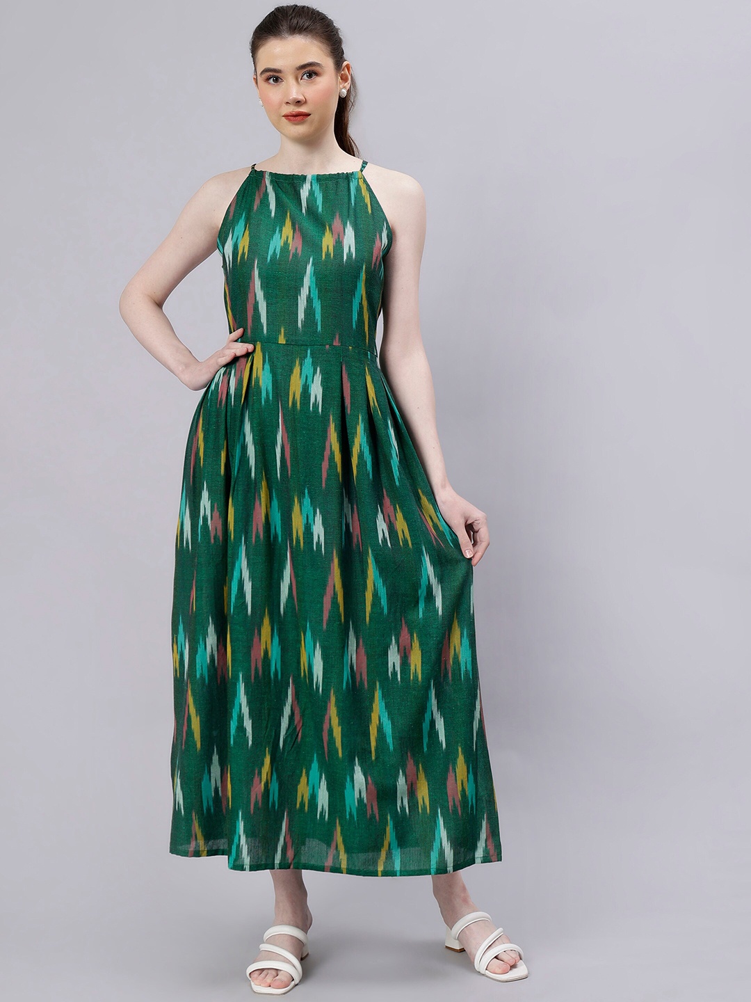 

ENTELLUS Ethnic Motifs Printed Halter Neck Cotton Maxi Dress, Green