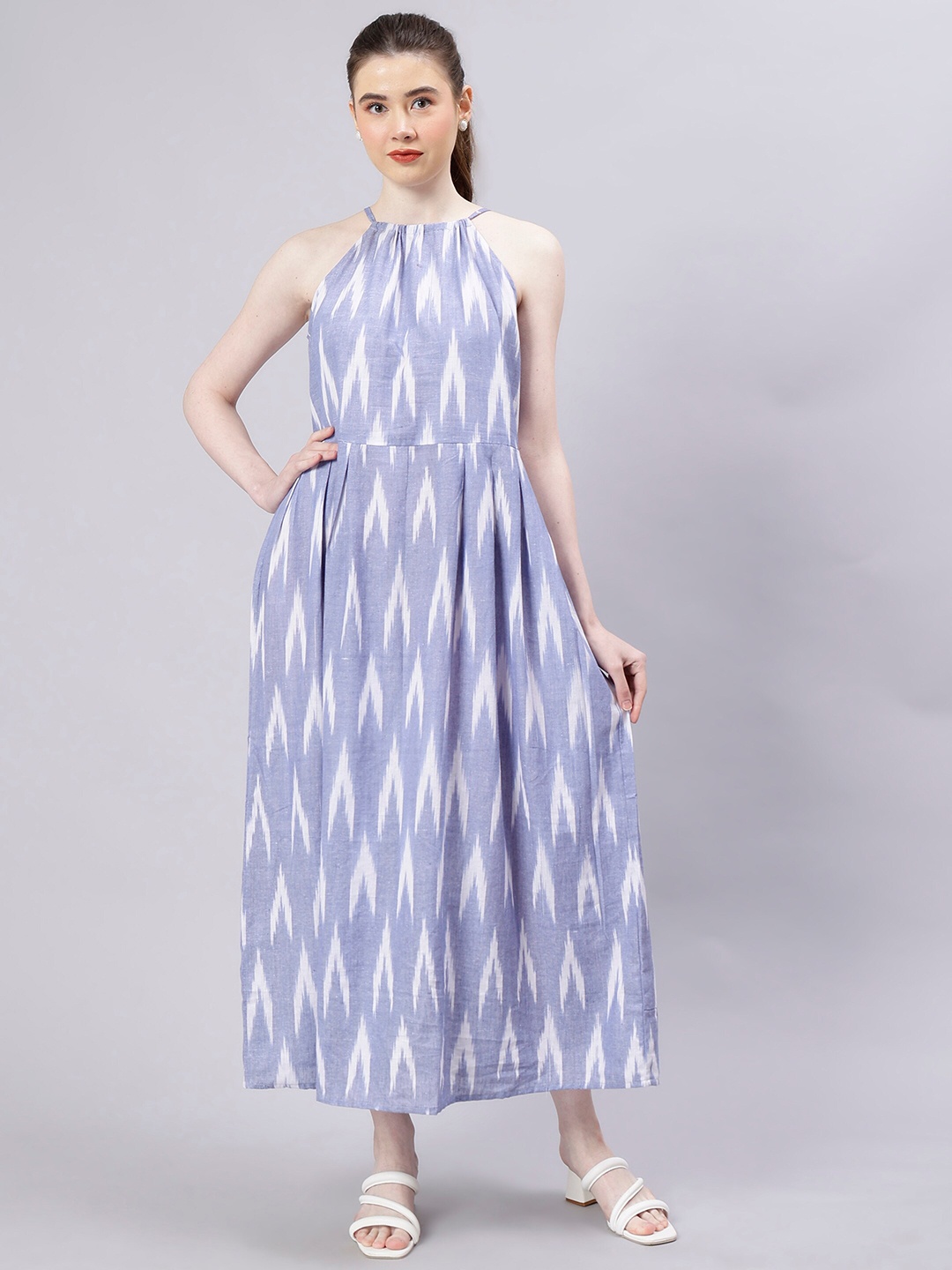 

ENTELLUS Ethnic Motifs Printed Halter Neck Cotton Maxi Dress, Blue