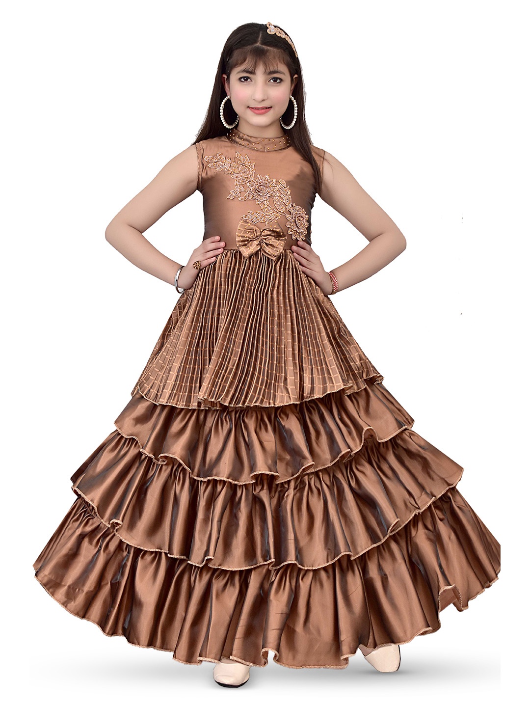 

BAESD Girls Floral Embroidered Applique Maxi Dress, Coffee brown