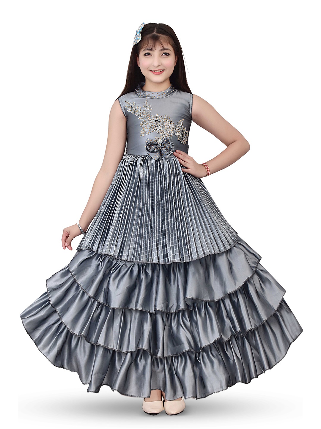 

BAESD Girls Floral Embroidered Applique Maxi Dress, Grey