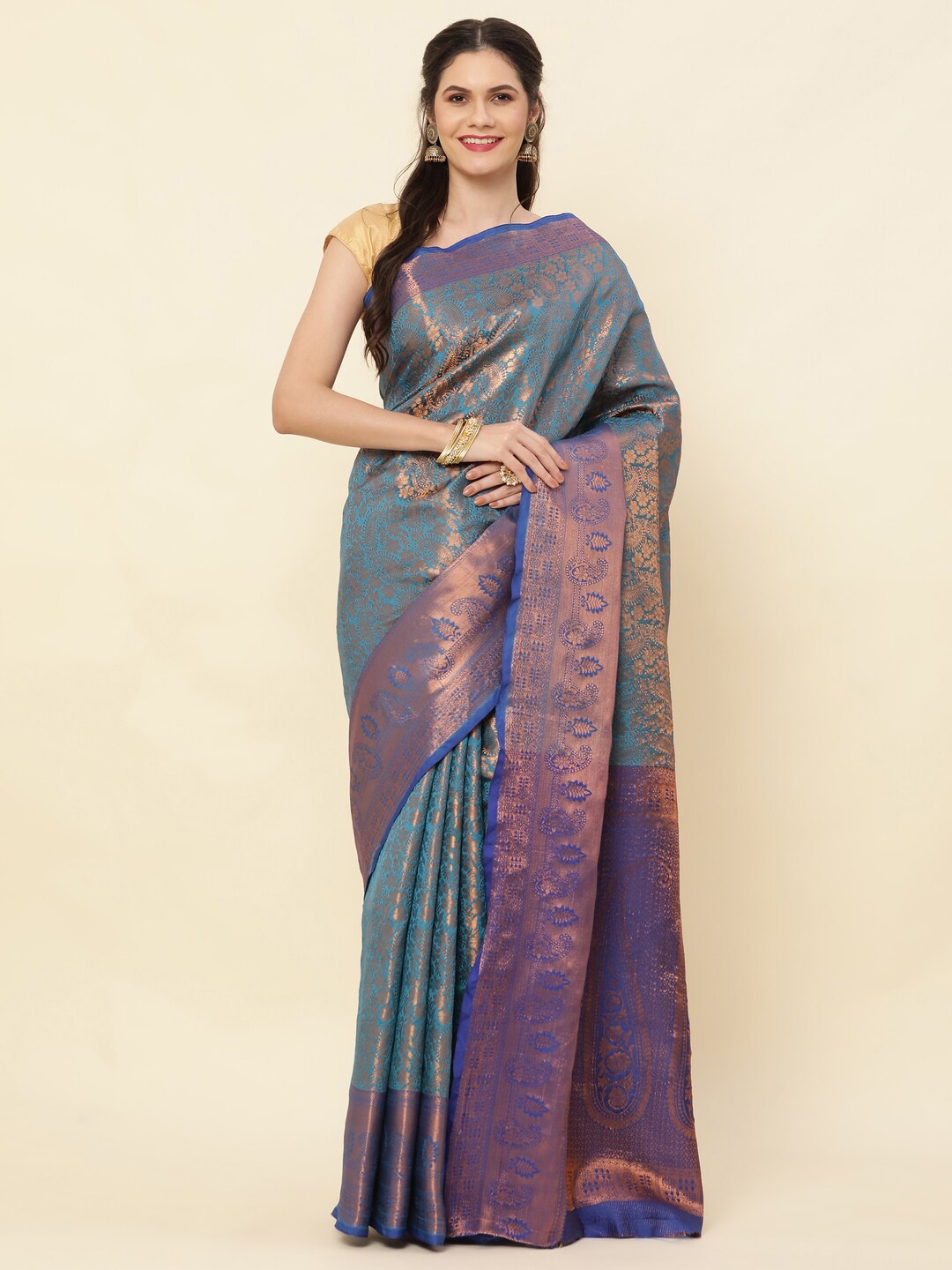 

KAPADIYA FAB Ethnic Motifs Woven Design Pure Silk Zari Kanjeevaram Saree, Blue