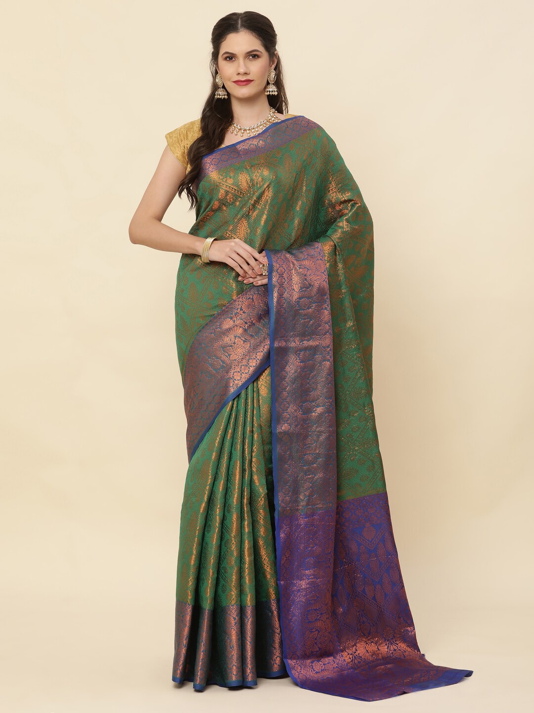 

KAPADIYA FAB Ethnic Motifs Woven Design Pure Silk Zari Kanjeevaram Saree, Green