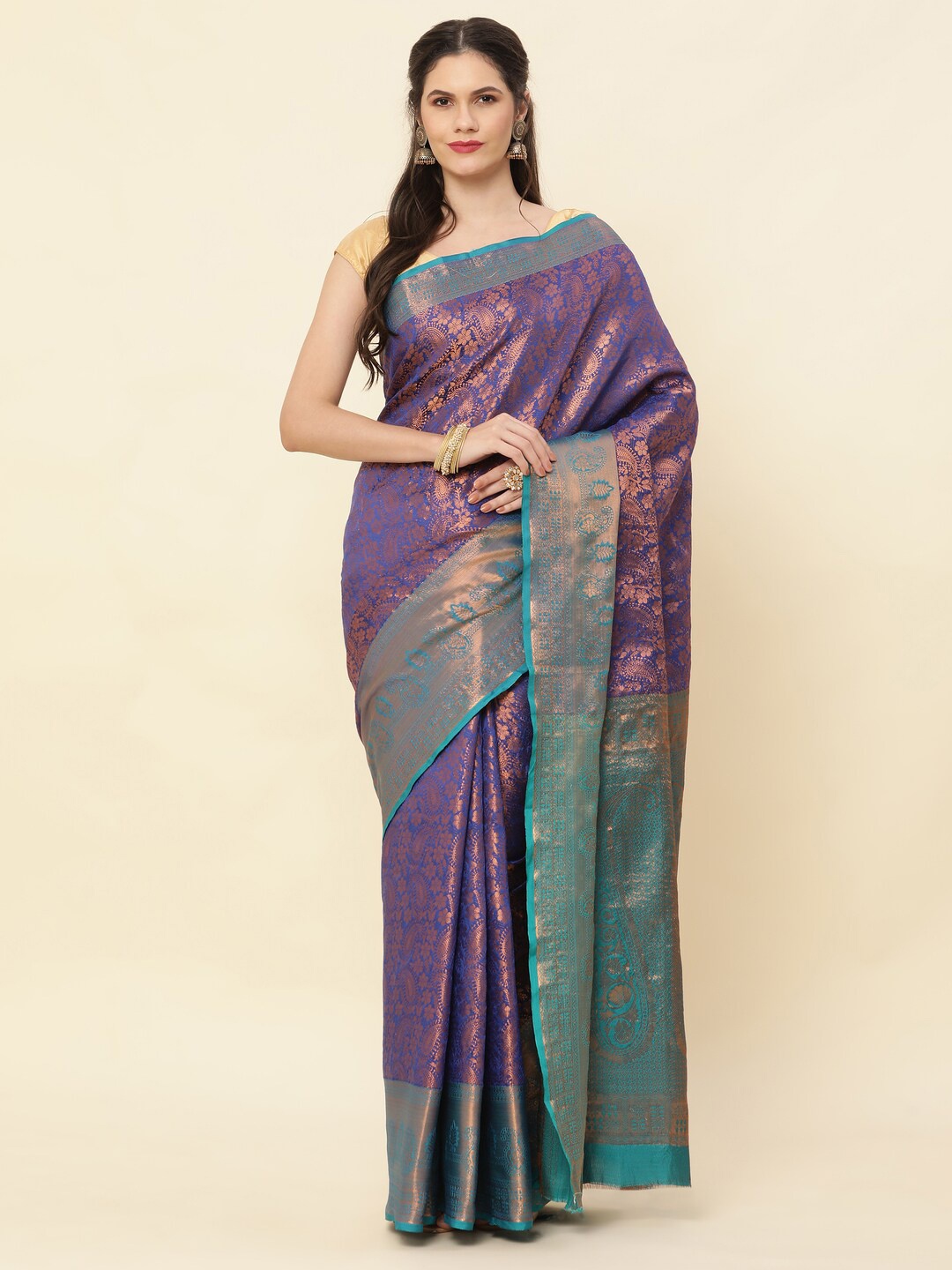 

KAPADIYA FAB Ethnic Motifs Woven Design Pure Silk Zari Kanjeevaram Saree, Navy blue