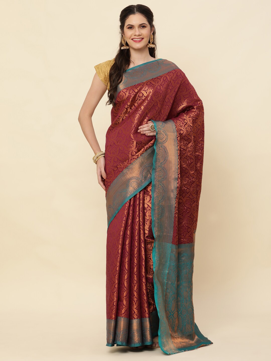 

KAPADIYA FAB Ethnic Motifs Woven Design Pure Silk Zari Kanjeevaram Saree, Maroon