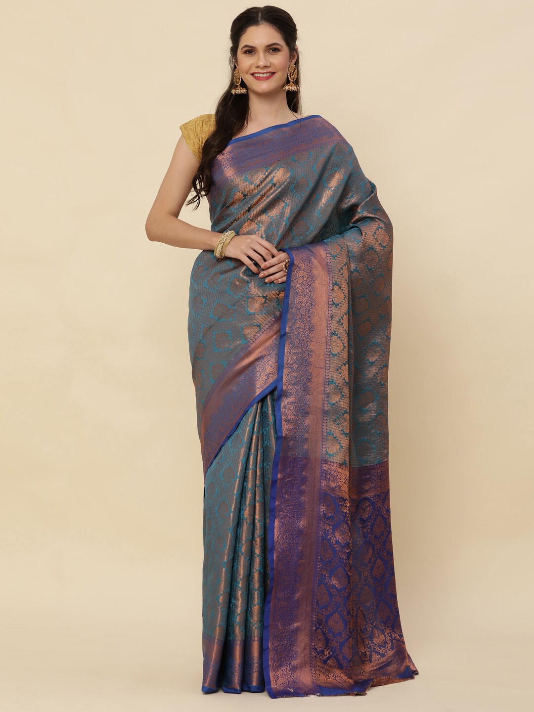 

KAPADIYA FAB Ethnic Motifs Woven Design Pure Silk Zari Kanjeevaram Saree, Blue