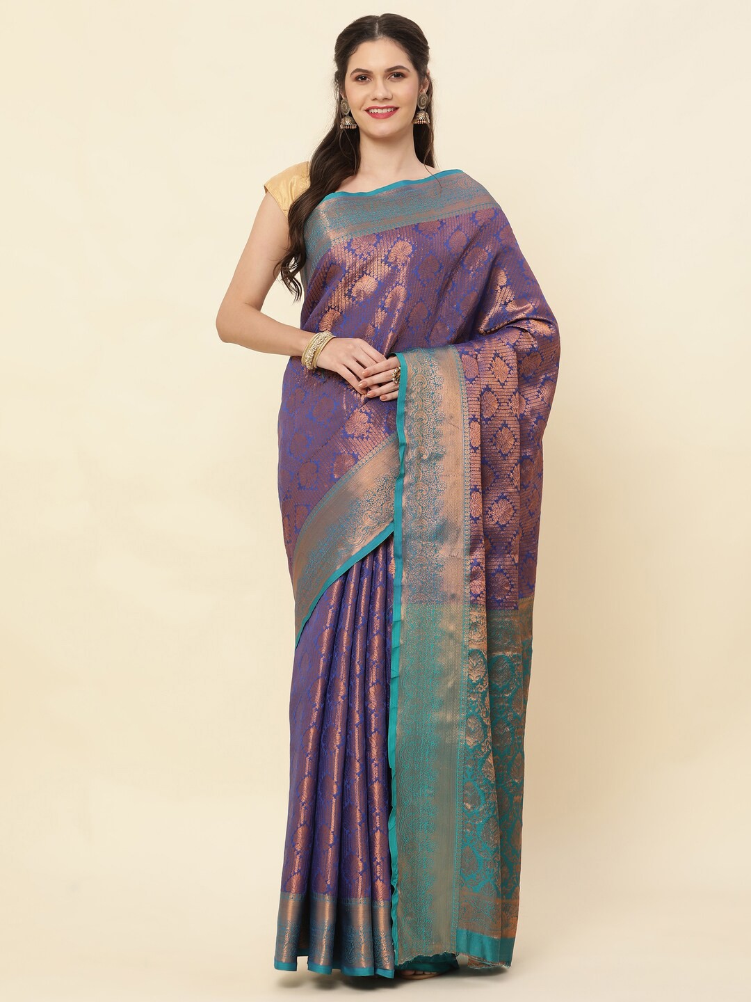 

KAPADIYA FAB Ethnic Motifs Woven Design Pure Silk Zari Kanjeevaram Saree, Navy blue