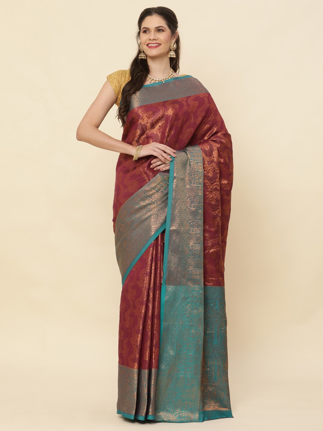 

KAPADIYA FAB Ethnic Motifs Woven Design Pure Silk Zari Kanjeevaram Saree, Maroon
