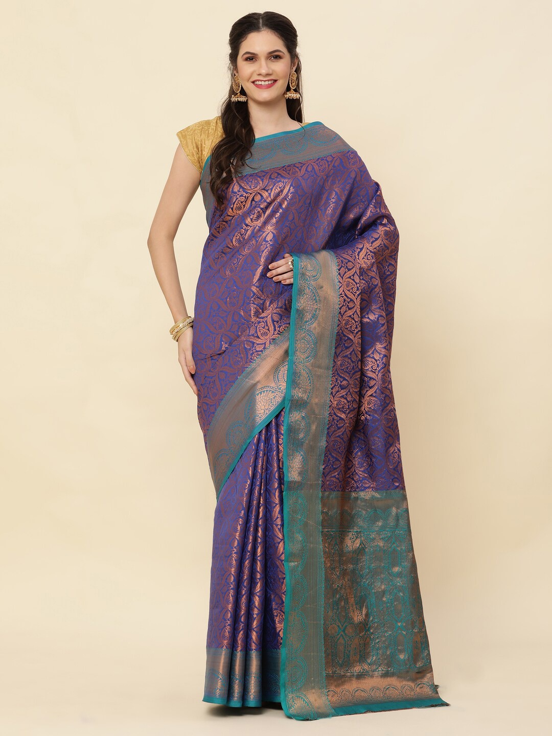 

KAPADIYA FAB Ethnic Motifs Woven Design Pure Silk Zari Kanjeevaram Saree, Navy blue