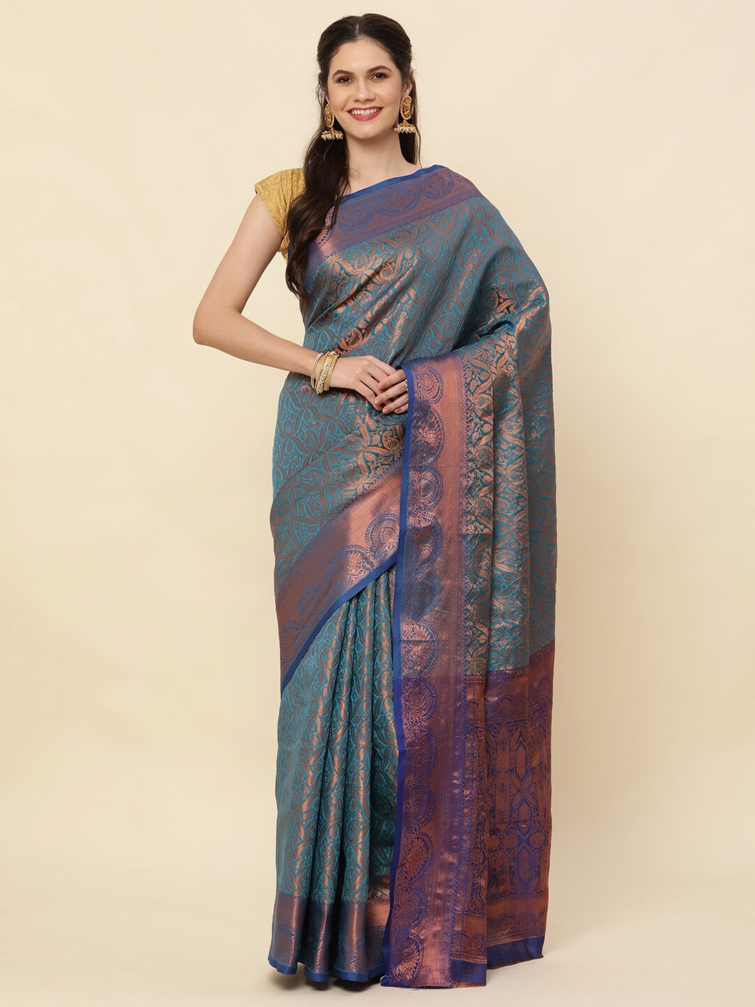 

KAPADIYA FAB Ethnic Motifs Woven Design Pure Silk Zari Kanjeevaram Saree, Blue