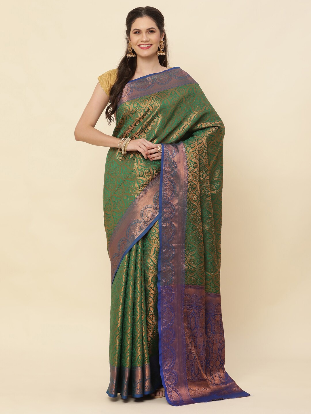 

KAPADIYA FAB Ethnic Motifs Woven Design Pure Silk Zari Kanjeevaram Saree, Green