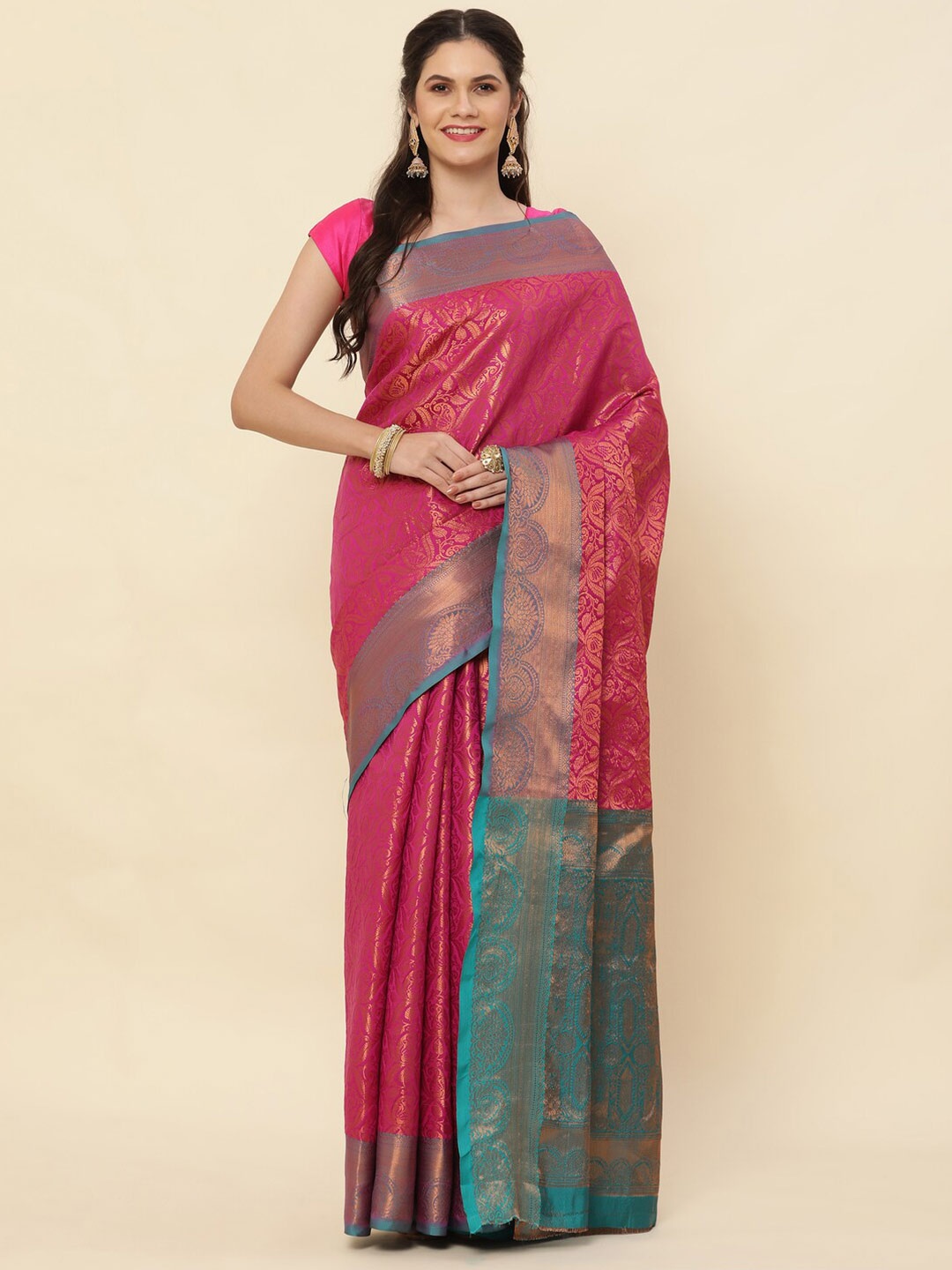 

KAPADIYA FAB Ethnic Motifs Woven Design Pure Silk Zari Kanjeevaram Saree, Pink