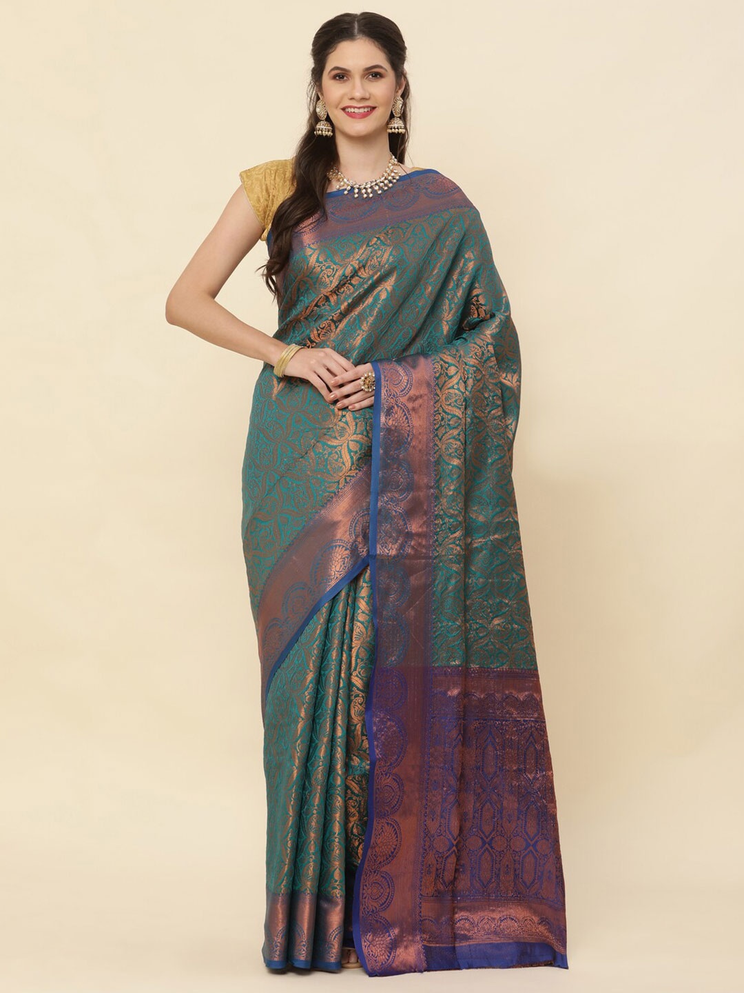 

KAPADIYA FAB Ethnic Motifs Woven Design Pure Silk Zari Kanjeevaram Saree, Green