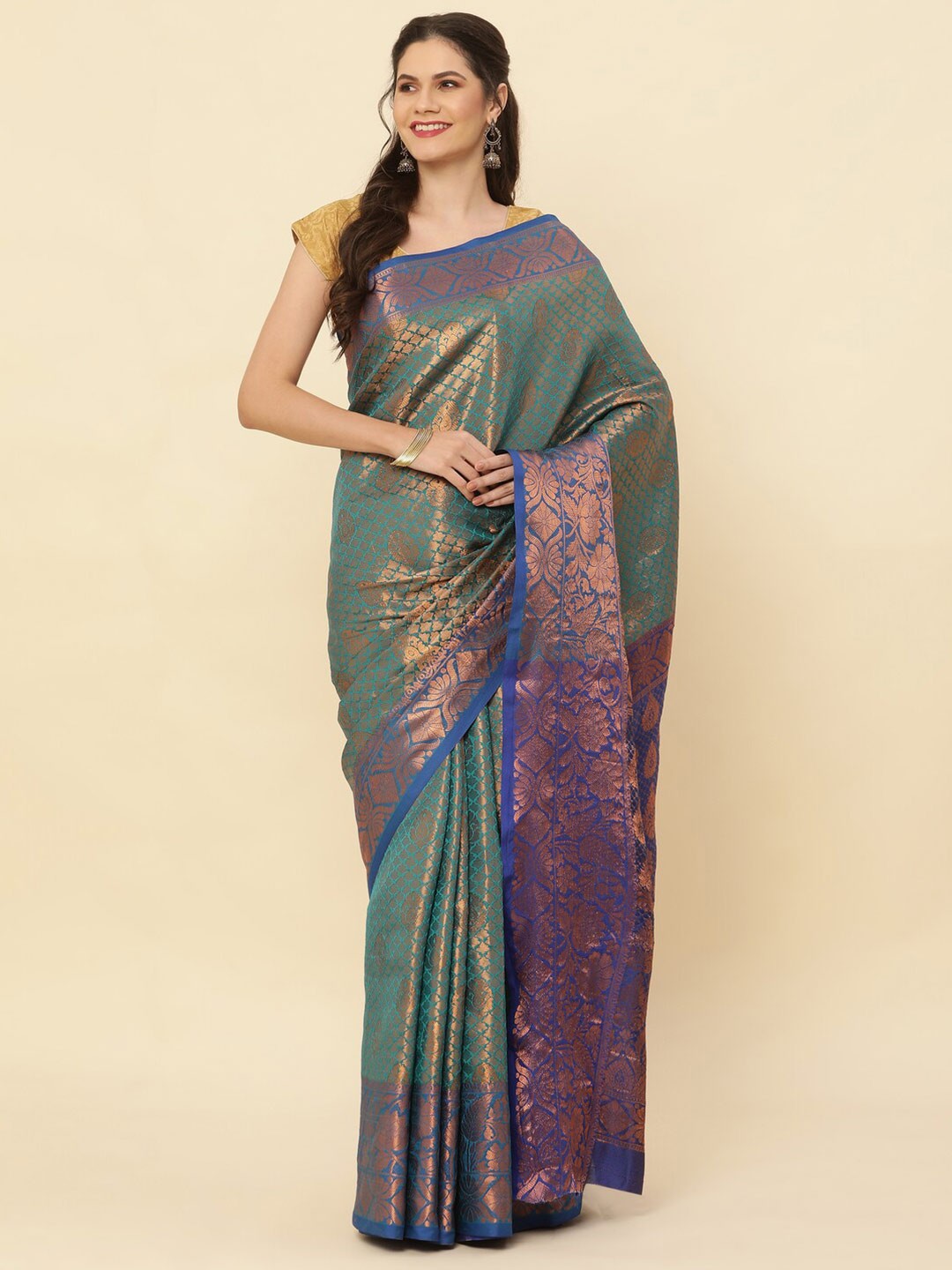 

KAPADIYA FAB Ethnic Motifs Woven Design Pure Silk Zari Kanjeevaram Saree, Green