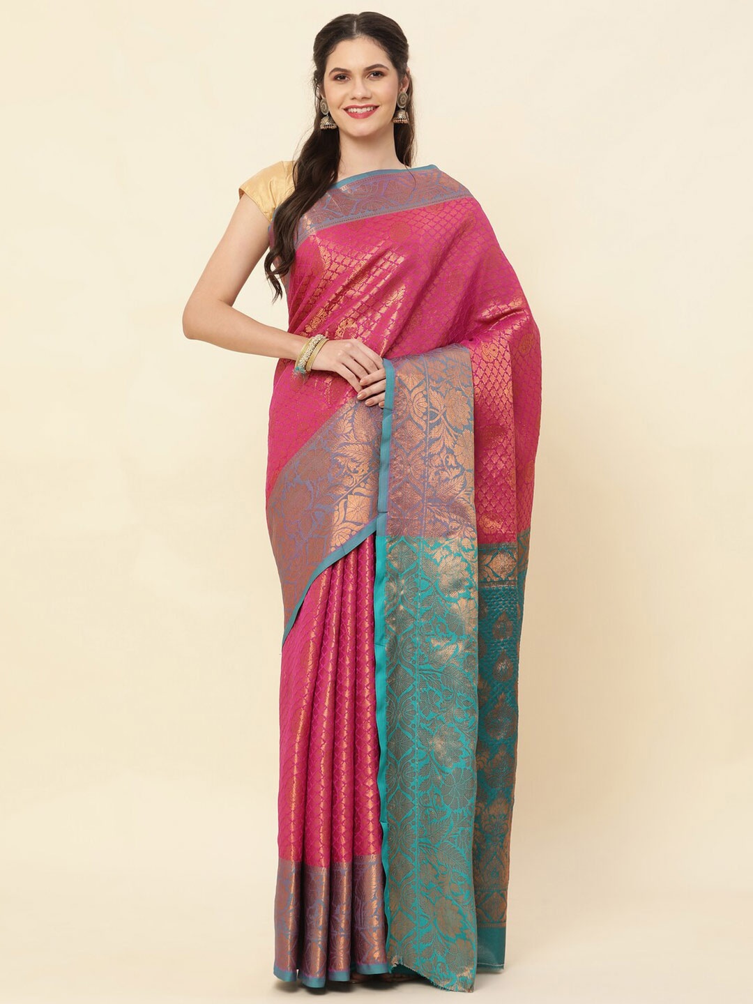

KAPADIYA FAB Ethnic Motifs Woven Design Pure Silk Zari Kanjeevaram Saree, Pink