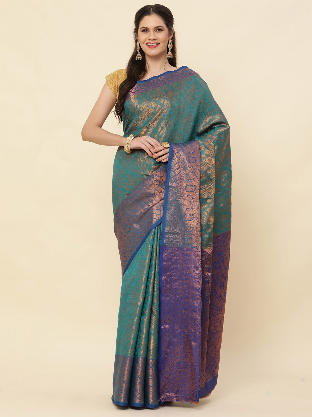 

KAPADIYA FAB Ethnic Motifs Zari Pure Silk Kanjeevaram Saree, Green