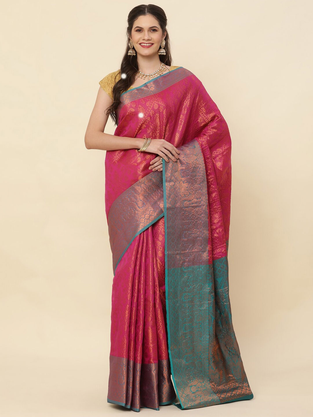 

KAPADIYA FAB Ethnic Motifs Zari Pure Silk Kanjeevaram Saree, Pink