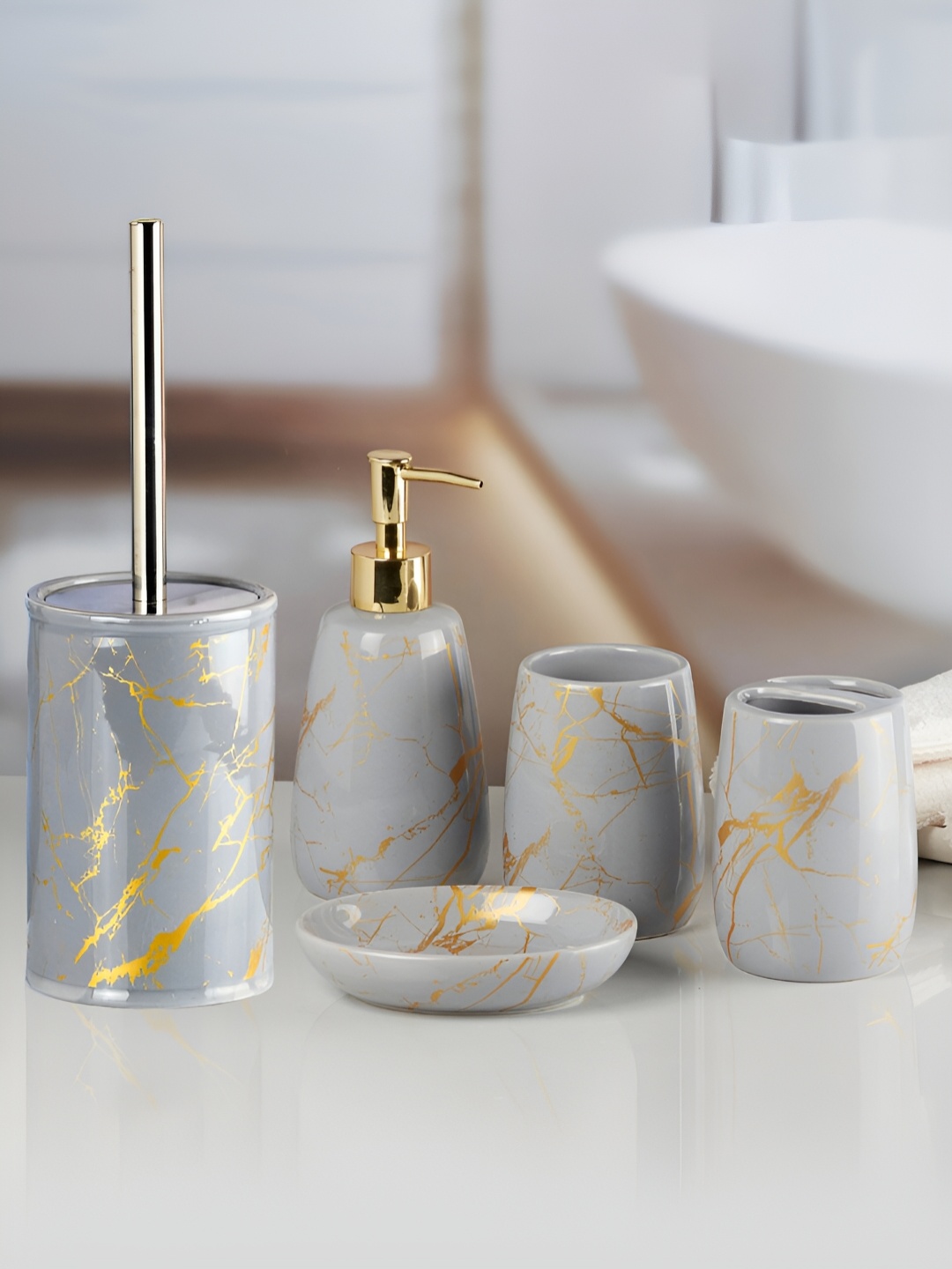 

Kookee Grey & Gold Toned 5 Pieces Abstract Printed Ceramic Bath Accessories