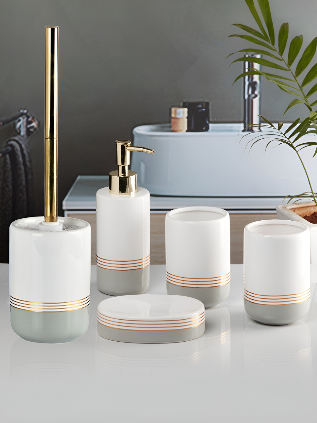 

Kookee White 5 Pieces Striped Ceramic Bath Accessories Set