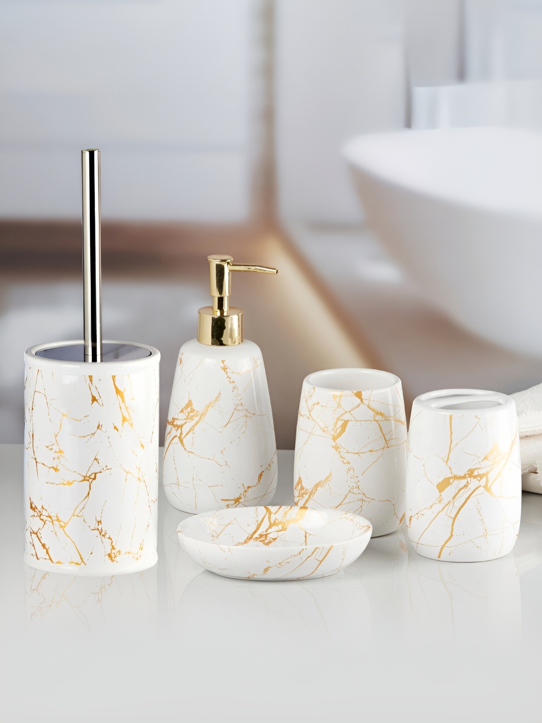 

Kookee White & Gold Toned 5 Pieces Abstract Printed Ceramic Bath Accessories