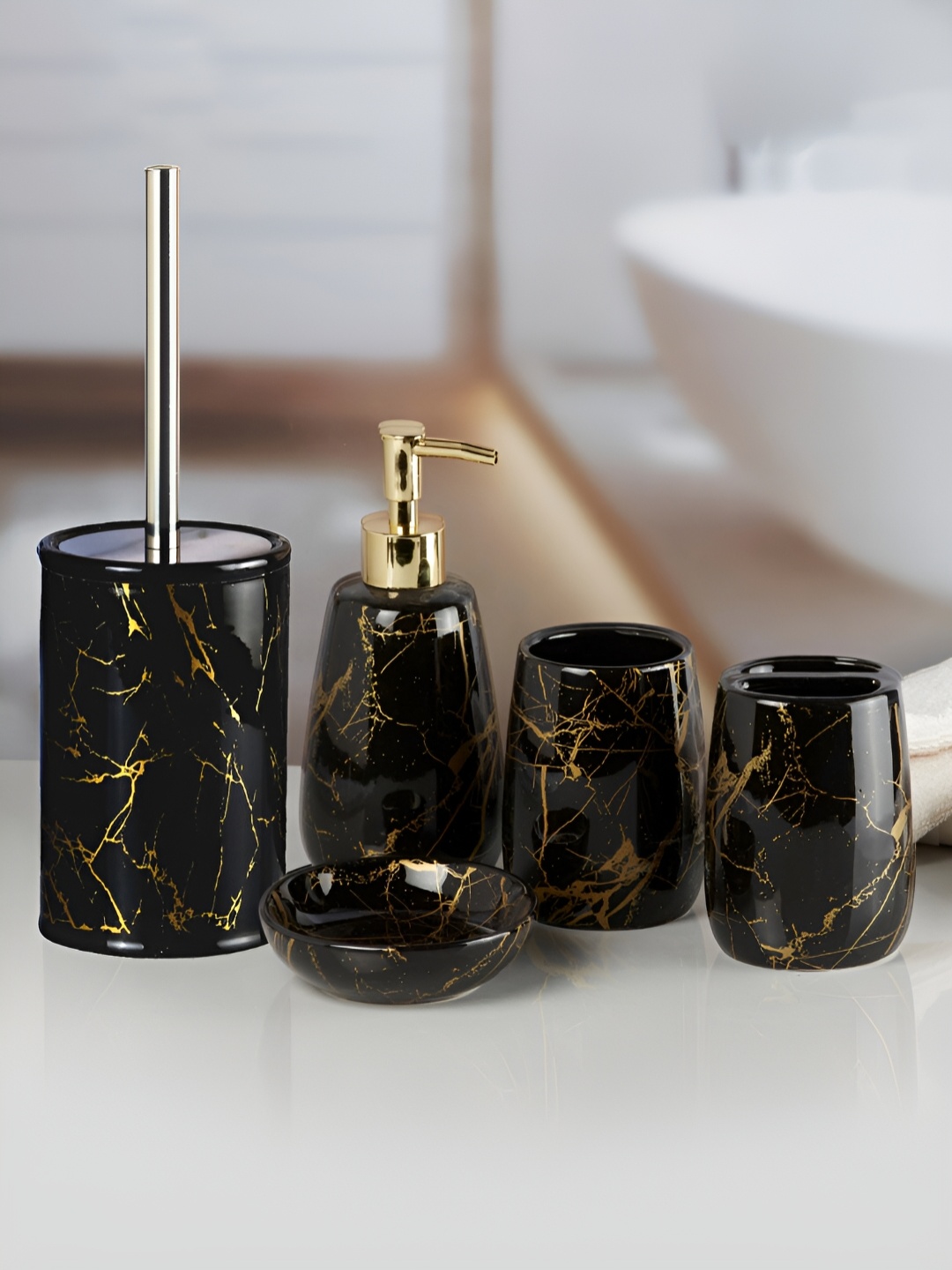 

Kookee Black & Gold-Toned 4 Pieces Abstract Printed Ceramic Bath Accessories Set