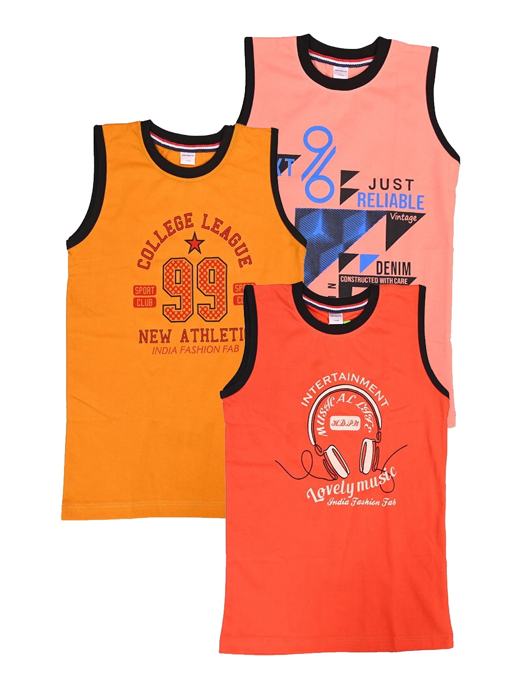 

BAESD Boys Pack Of 3 Typography Printed Sleeveless Cotton T-shirts, Peach