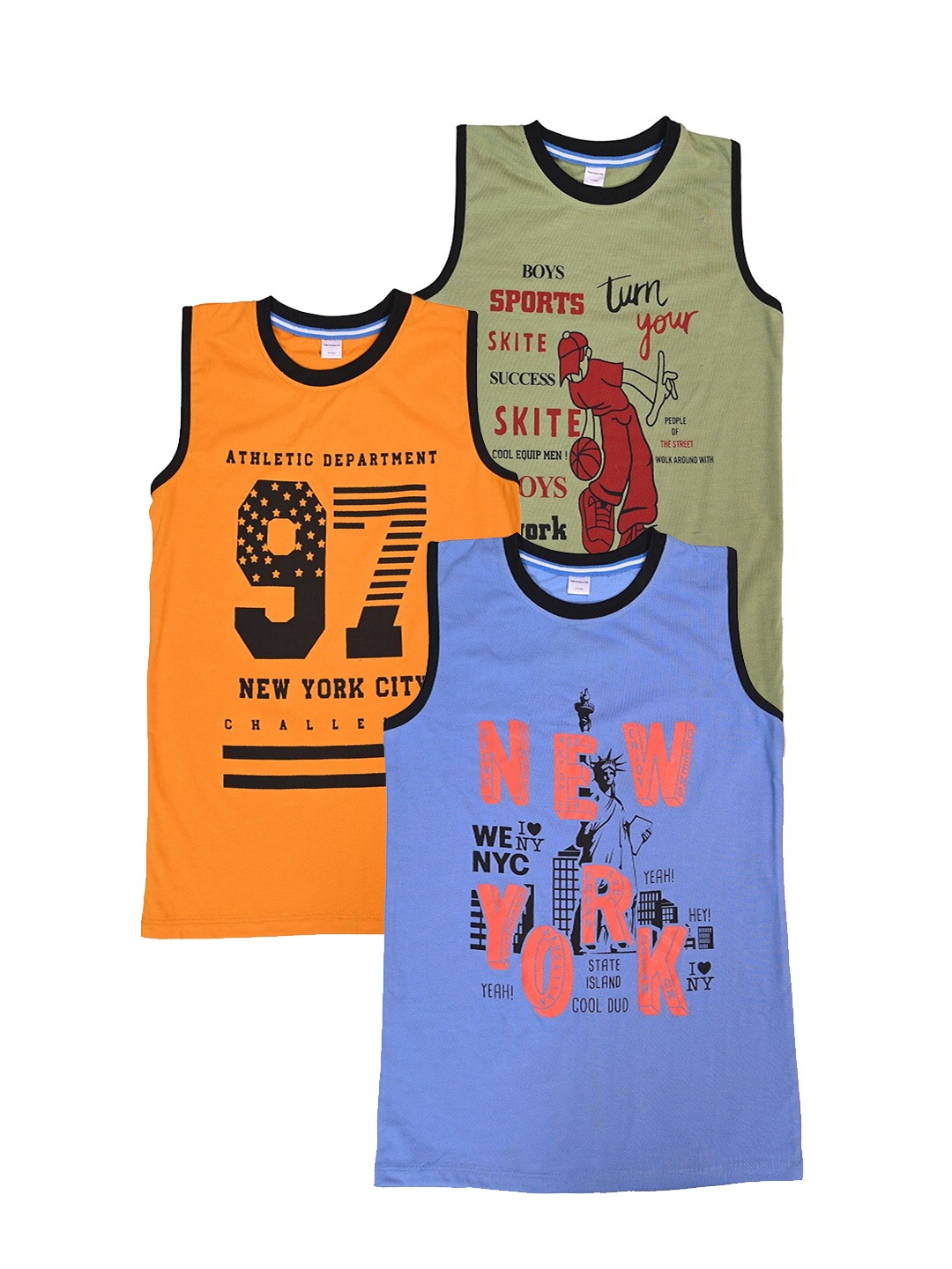 

BAESD Boys Pack Of 3 Typography Printed Sleeveless Cotton T-shirts, Olive