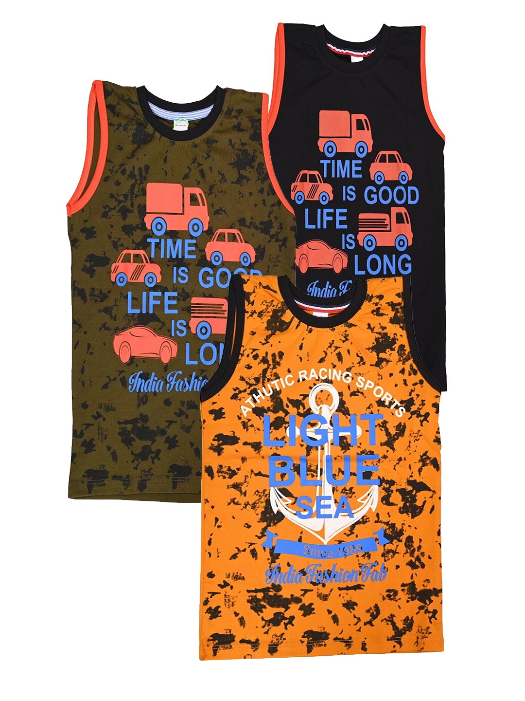

BAESD Boys Pack Of 3 Typography Printed Sleeveless Pure Cotton T-shirt, Olive