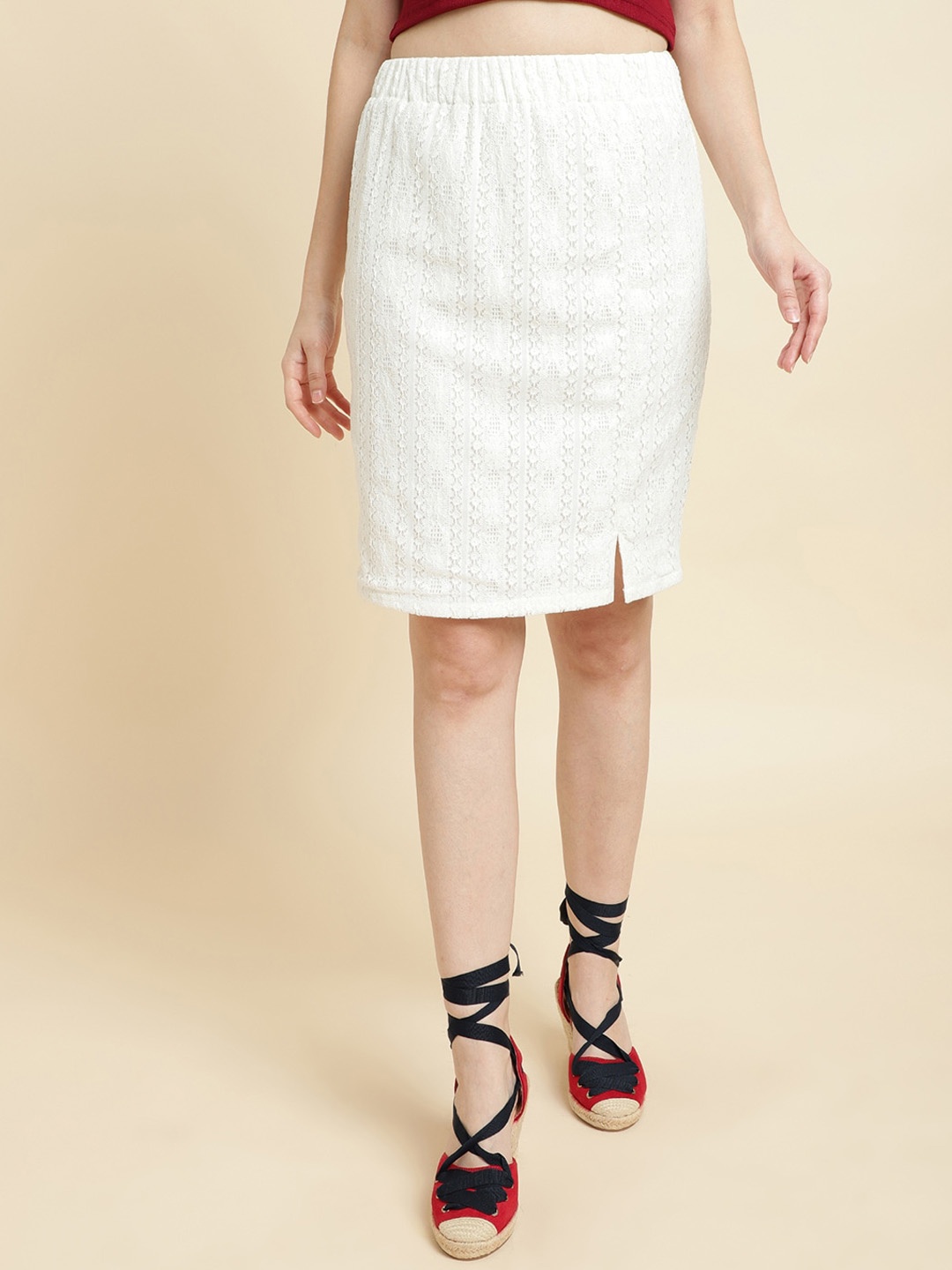 

UnaOne Women Self Design Knee Length Pencil Skirt, Off white