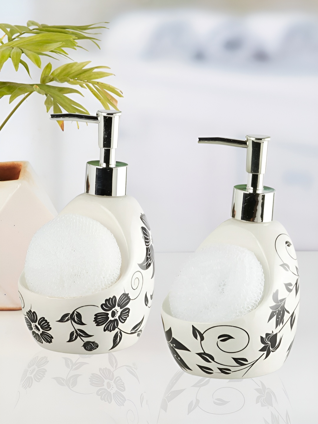 

Kookee White 2 Pieces Floral Printed Ceramic Soap Dispensers 400 ml Each