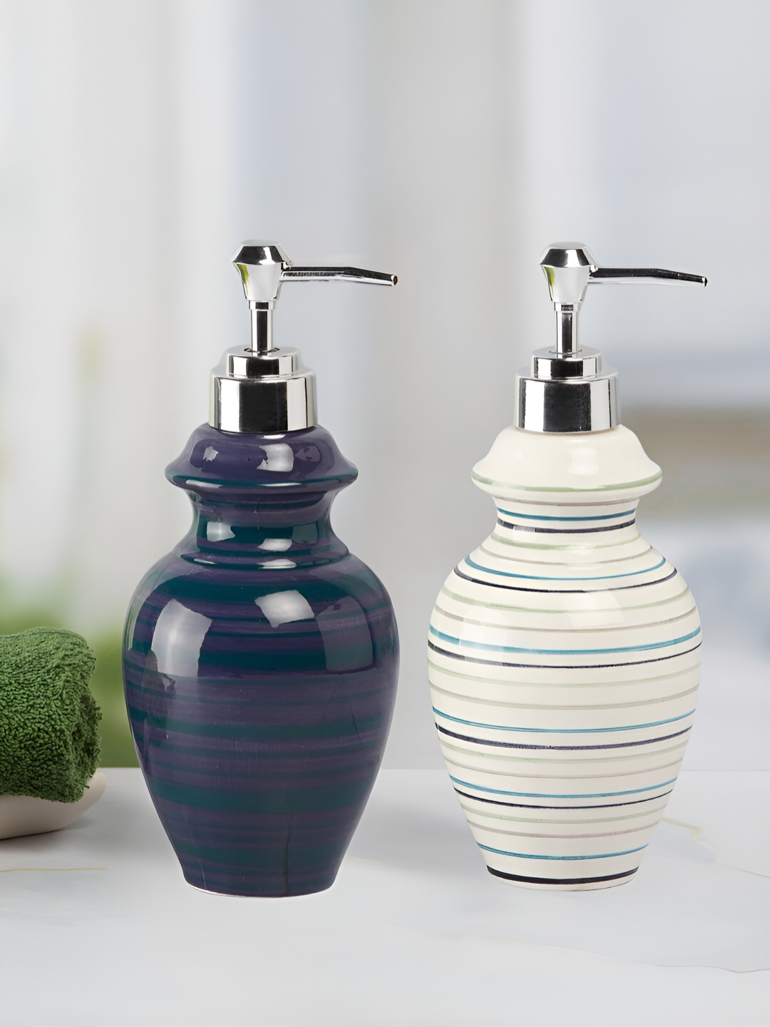 

Kookee Blue & White 2 Pieces Striped Ceramic Soap Dispensers