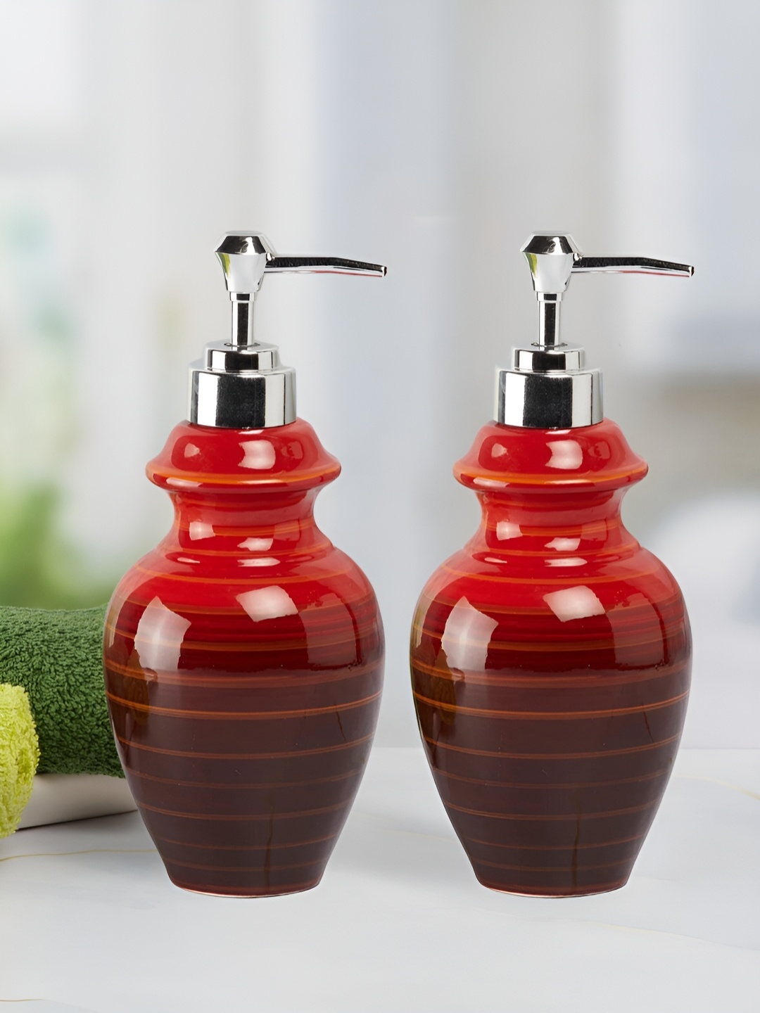 

Kookee Red & Maroon 2 Pieces Striped Ceramic Soap Dispensers