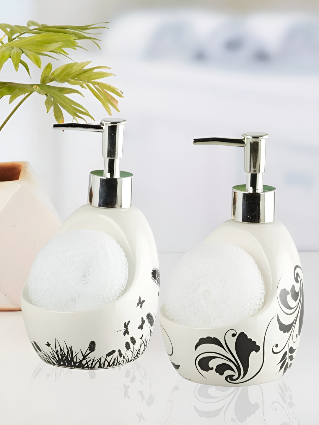 

Kookee White 2 Pieces Floral Printed Ceramic Soap Dispensers 400 ml Each