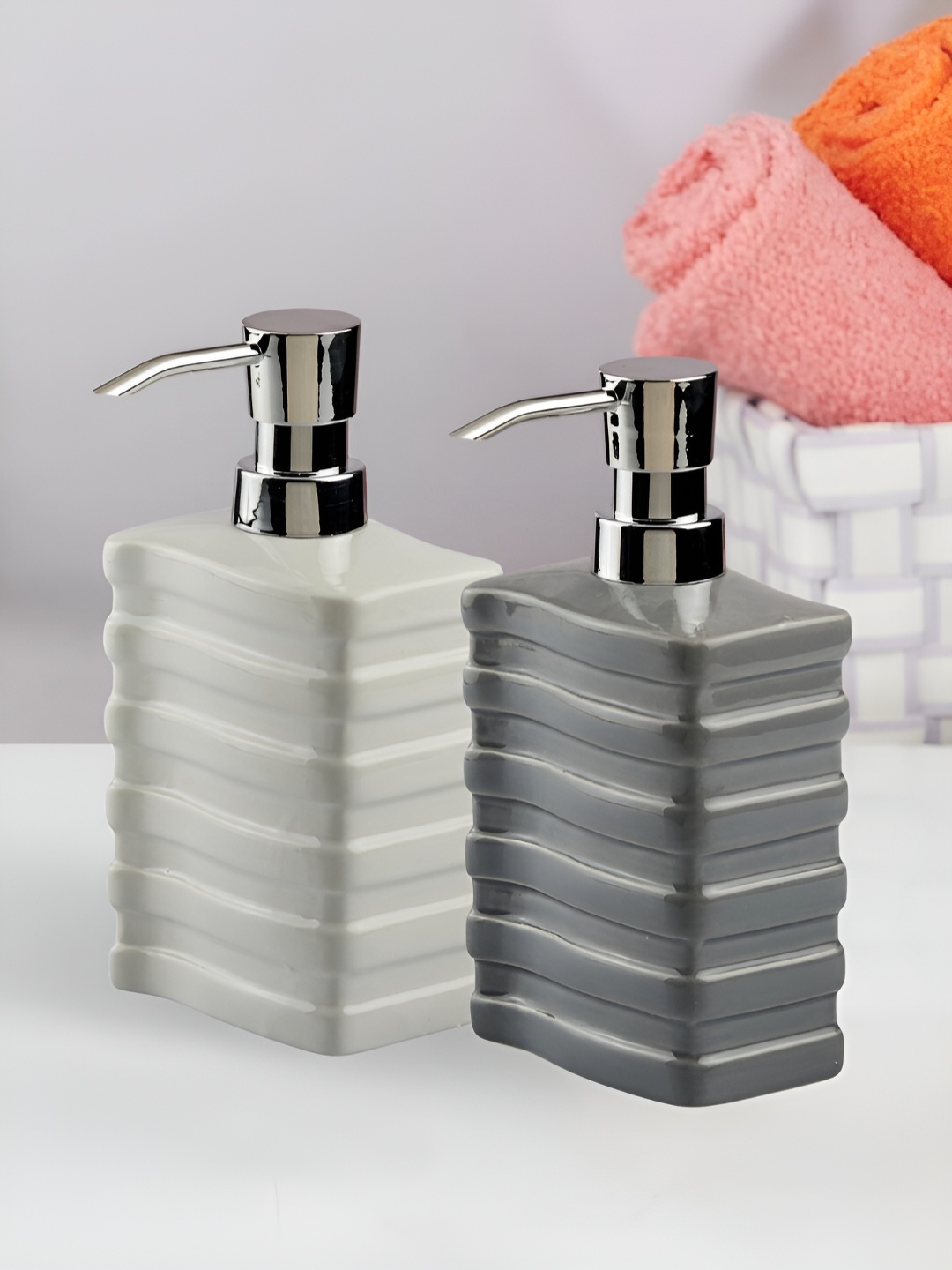 

Kookee Grey & White 2 Pieces Striped Ceramic Soap Dispensers