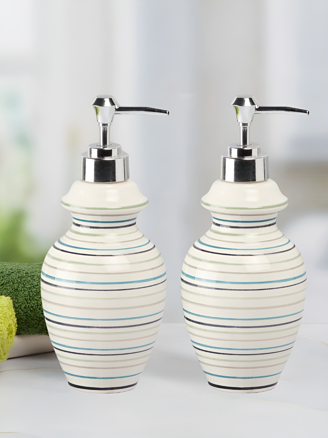 

Kookee White & Blue 2 Pieces Striped Ceramic Glossy Soap Dispensers